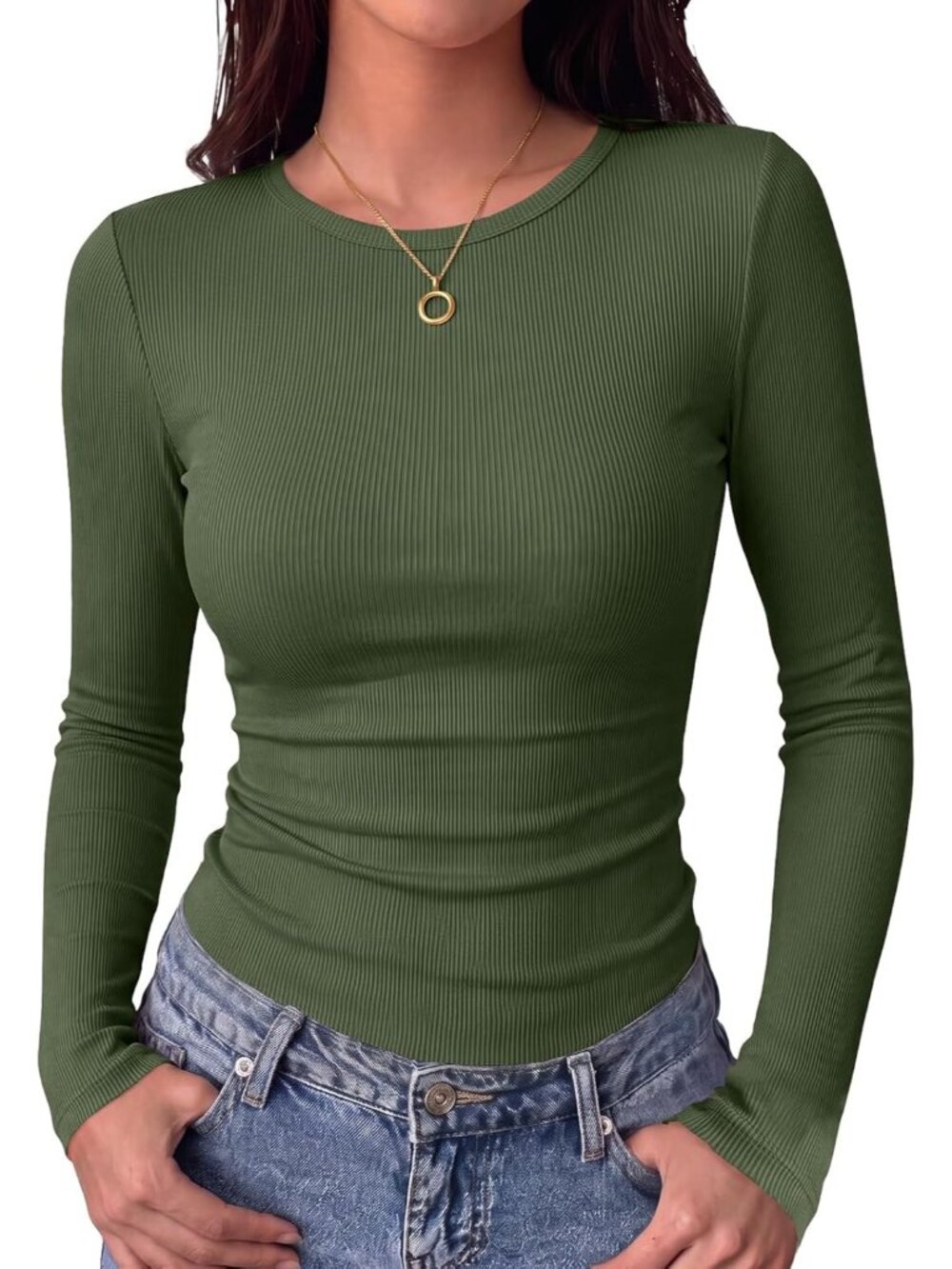 Women's Olive Ribbed Knit Basic Crewneck Long Sleeve Slim Fit Trendy T-Shirt